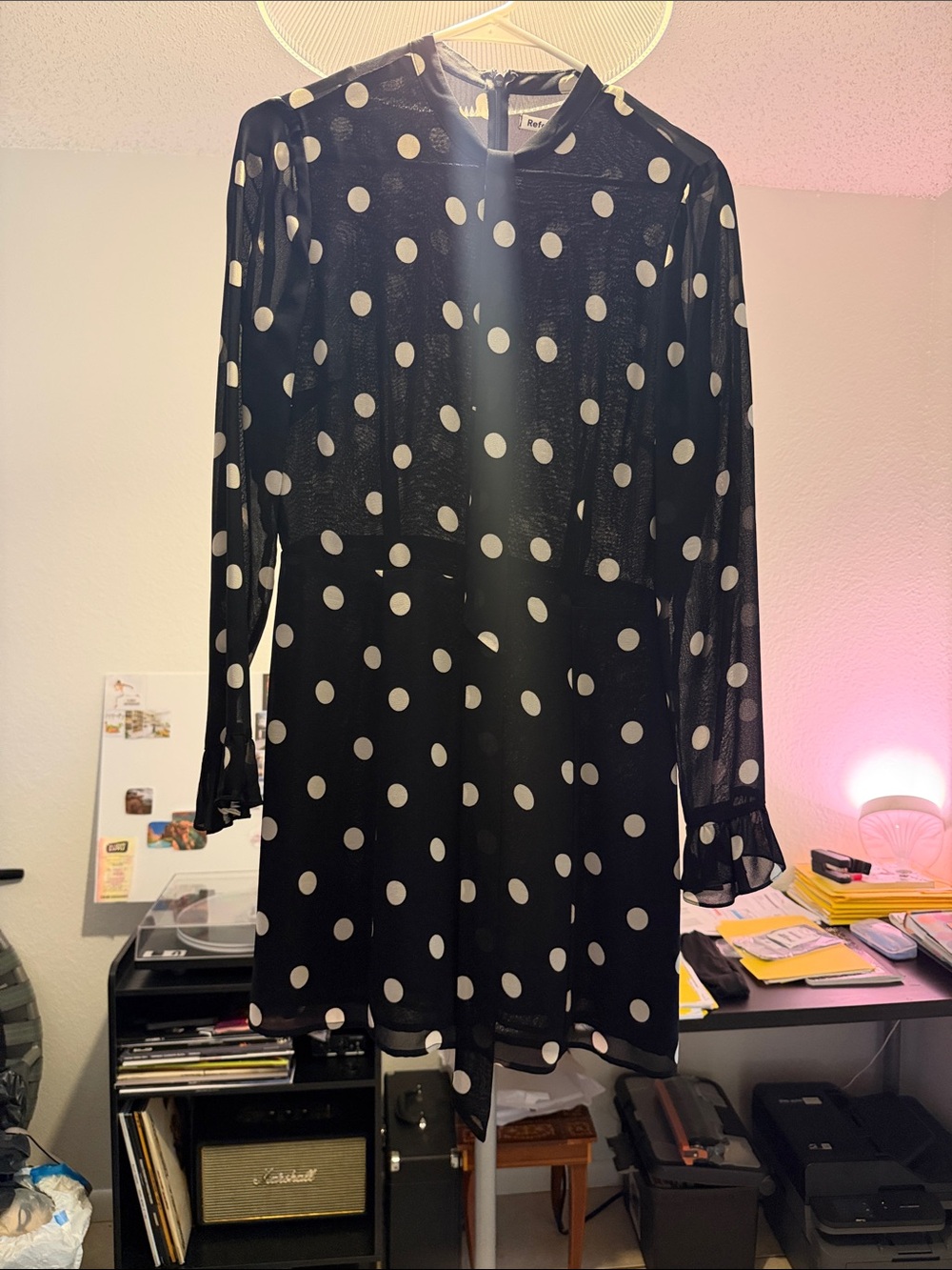 Reformation Black and White Polka Dot Long-Sleeve Dress